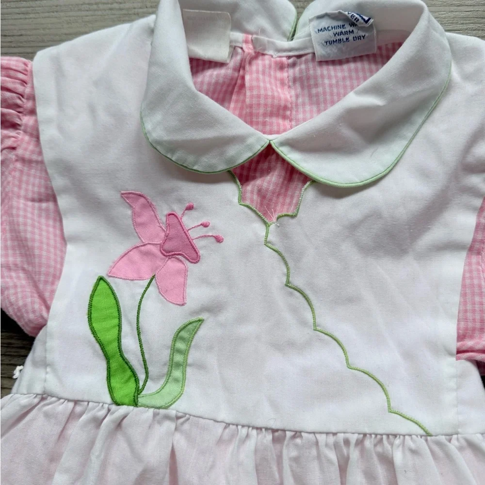 Pink Gingham Floral Peter Pan neck Vintage Ruffle Dress - Picture 4 of 6